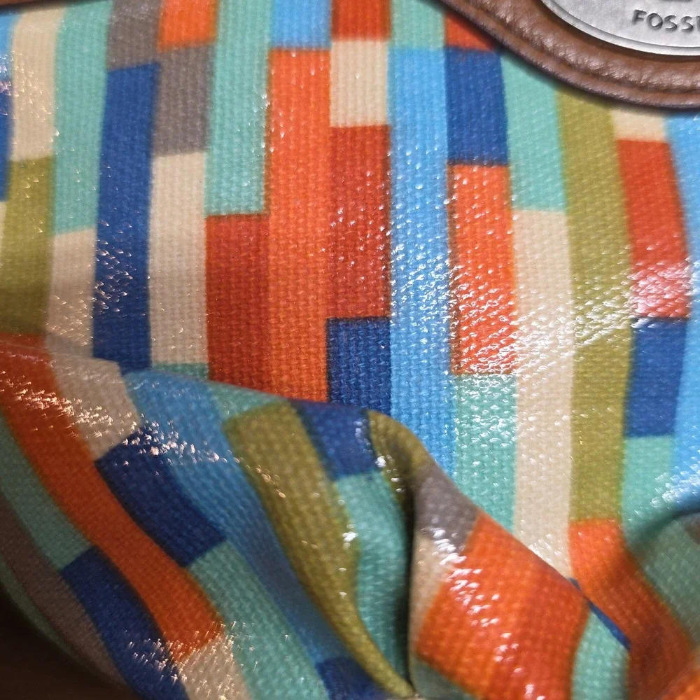 Fossil Key-Per Multi-Color Geometric Coated Canvas Pouch with Leather Trim